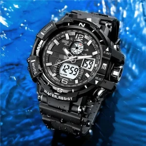 Large Dial Men’s Digital Sport Watch Waterproof Camping Travel LED Dual Display Outdoor Luminous Electronic Watch for Students