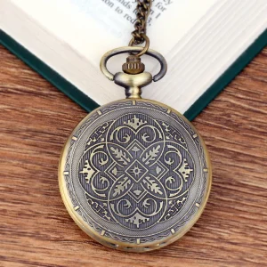 Large Size Quartz Bronze Fine Chain Vintage Exquisite Carving Pattern Pocket Watch
