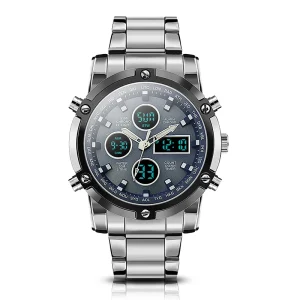 Latest Design Dual Display Analog Digital Watch Fashion Multi Functional Three Big Face Stainless Steel Men Watch