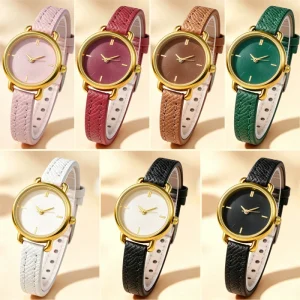 Latest Design Round Alloy Case Women’s Quartz Watches 27mm Glass Pointer Dial Leather Strap Watches
