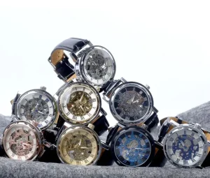 Leather Band Stainless Steel Men Skeleton Hand Wrist Mechanical Watch