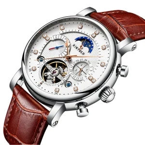 Leather Strap Alloy Case Skeleton Automatic Mechanical Watch for Men