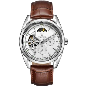 Leisure Mens Business Analog Watch 41.5mm Dial Stainless Steel Case Leather Strap Automatic Mechanical Water Resistant Designer