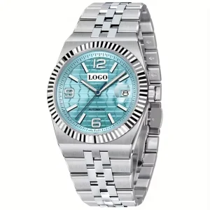 Light Blue Luminous Business Men’s Quartz Watch with Pointer Dial Chronograph 40MM Stainless Steel Band