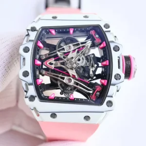 Lightweight Fully Skeletonized Tonneau-shaped Sports and Casual Watch in pink and White