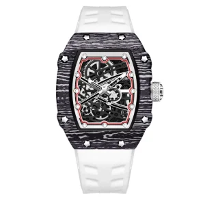 Lightweight Men Watch Skeleton Dial Luminous Waterproof 3ATM Silicone Strap Slim Barrel Shape Sport Watch