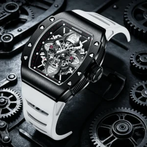 Limited Edition Tonneau Skeleton Watch for Men Stainless Steel Case Automatic Mechanical Movement 20mm White