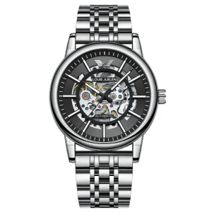 Louie Juelen Men’s Fully Automatic Mechanical Watch Stainless Steel Skeleton Luminous 3BAR Waterproof Watch