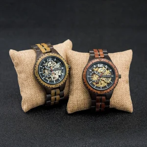 Lover’s Wooden Custom Logo Automatic Watch for Couples Visible Mechanism Water Resistant Pointer 24mm Sapphire Crystal