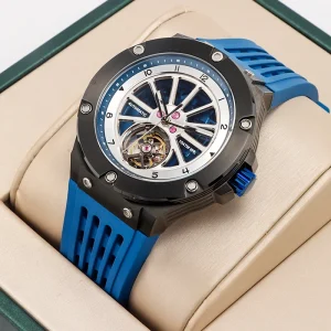 Low MOQ Genuine Miyota Automatic Skeleton Mechanical Men’s Luxury Chronograph Watch Rubber Band Dial
