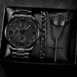 Lp170 4PCS Business Men’s Gift Watches Bracelet Necklace Ring Sets 3 Needles Quartz Wristwatch