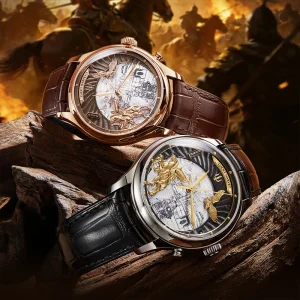 Lucky Harvey Men Genghis Khan Automatic Mechanical Watch Sapphire Crystal Leather Strap 5ATM Waterproof Gradient Guilloche Dial