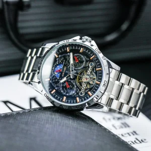Luminous Automatic Watch with Stainless Steel Strap Men’s Luxury Fashion Business Skeleton Mechanical Wristwatch
