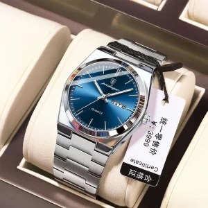 Luminous Hands Quartz Watch for Men Fashion Business Calendar Wristwatch Stainless Steel