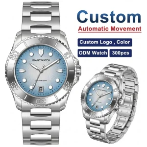 Luminous Stainless Steel Band Silver Band Automatic Watch with Date Display Men’s Blue Analog Dial Mechanical Watch