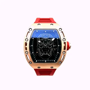 Luxurious Durable Automatic Watch Men’s Carbon Fiber Tonneau Business Watch Skull Pattern Dial Red Rubber Strap Mechanical