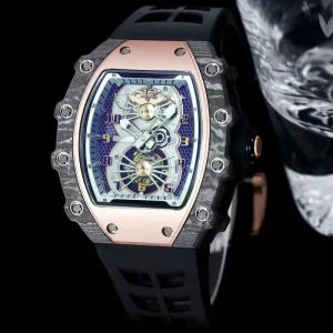 Luxurious Rose Gold Decorated Men’s Automatic Mechanical Watch Carbon Fiber Case Rubber Band Sporty Wristwatch