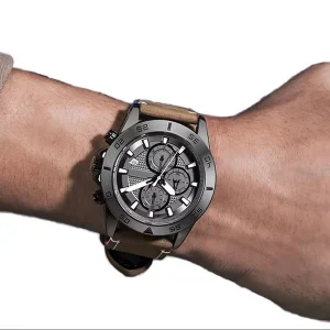Luxury Alloy Case 46mm Leather Band Quartz Movement Chronograph Sports Fashion Watch for Men