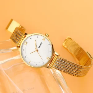 Luxury Analog Quartz Women’s Watch Alloy Case Stainless Steel Mesh Band 3BAR Water Resistant Glass Dial Coin Crown