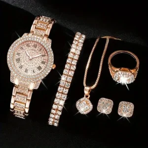 Luxury Analog Quartz Wrist Watch Set Stylish Rhinestone Jewelry for Women for Party Bridal Ring Included 5pcs Gift Set