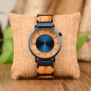 Luxury Antique Fashion Couple Size Custom Logo Unisex Natural Wood Quartz Movement Bracelet Watch Men’s Quality Blue Metal