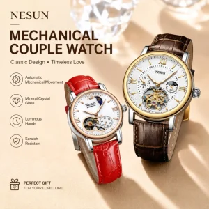 Luxury Automatic Mechanical Couple Watch Luminous Skeleton Dial Genuine Leather Waterproof His and Hers Wrist Watch Gift Set