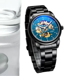 Luxury Automatic Mechanical Men’s Wrist Watch Round Case with Visible Mechanism Stainless Steel Band Glass Dial Window