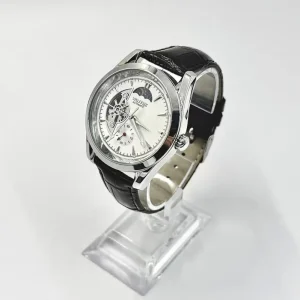 Luxury Automatic Mechanical Watch Moon Phase Display Hollow Movement Genuine Leather Band Power Reserve Automatic Watch