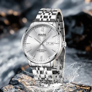 Luxury Automatic Mechanical Wristwatch 44mm Metal Case Coated Glass Dial 3BAR Water Resistant Butterfly Clasp