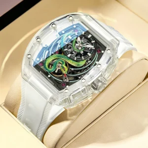 Luxury Automatic Men’s Mechanical Watch Hollow Tourbillon Snake Relief Barrel-Shaped Case Luminous Dial Rubber Band Tonneau