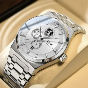 Luxury Automatic Mens Watch Silver Dial Diamond Markers Date 24H Subdial Power Reserve Stainless Mechanical Watch