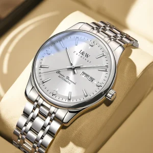 Luxury Automatic Mens Watch Silver Dial Diamond Markers Day and Date Stainless Steel Dress Mechanical Watch