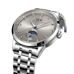 Luxury Automatic Mens Watch Silver Dial Diamond Markers Moon Phase Day and Date Mechanical Watch