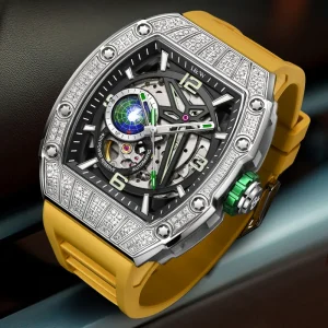 Luxury Automatic Skeleton Dial Diamond Watch Rubber Strap Square Mechanical Watch Water Resistant