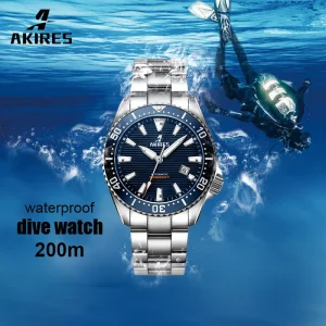 Luxury Automatic Stainless Steel Waterproof Diver Watch with Leather Strap Analog Display for Men Business Use Japan Movement
