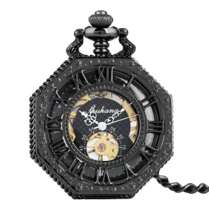 Luxury Black Octagon Half Hunter Vintage Men Steampunk Pocket Watch With Chain Hand Wind Mechanical for Antique Gift