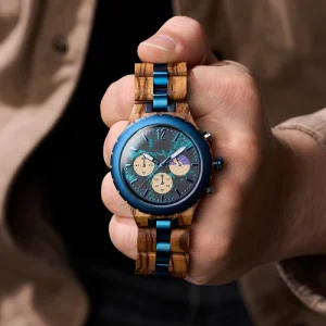 Luxury Blue Zebra Wood Quartz Wood Watch for Man