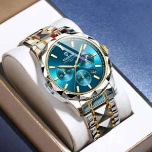 Luxury Business Chronograph Silver Stainless Steel Wristwatch Waterproof Luminous Quartz Watch for Men