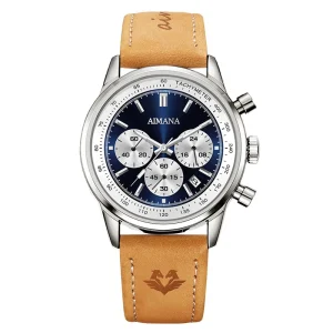 Luxury Business Classic Dress Watch Blue Two Tone Dial Brown Leather Band Water Resistant Stainless Steel Case High Precision