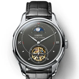 Luxury Business Men’s Skeleton Automatic Watch Pointer Leather Stainless Steel Band 5BAR Water Resistant Moon Phase