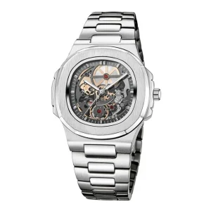 Luxury Classic Business Square Skeleton Mechanical Wristwatch Stainless Steel Band Automatic Watches Men Wrist