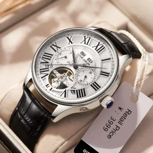 Luxury Classic Fashion Hollow Tourbillon Moon Phase Stainless Steel Leather Strap Mechanical Sport Watch