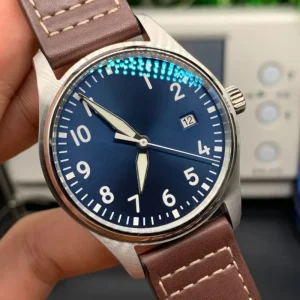 Luxury Classic Sport Automatic Mechanical Watch Unisex Blue Dial Brown Leather Strap Luminous Water Resistant Everyday Watch