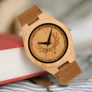 Luxury Classical Elk Head Natural Wooden Watches With Genuine Cowhide Leather Lovers Luxury Wristwatch Mens Wood Watch