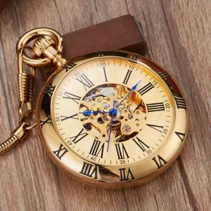 Luxury Copper Silver Automatic Mechanical Pocket Watch Clock Fob Chain Watch Men Roman Numbers Clock High Quality Pocket Watch