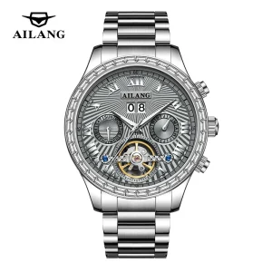 Luxury Diamond Men Mechanical Automatic Tourbillon Flywheel Watch Stainless Steel Band Waterproof 3Bar Luminous Week Date Watch