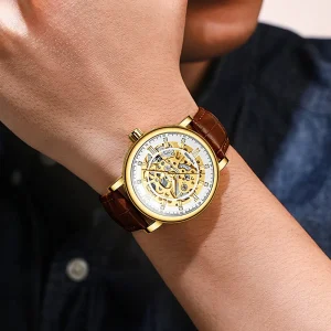 Luxury Diamond-Studded Automatic Mechanical Watch Sports Genuine Leather Strap Waterproof Luminous