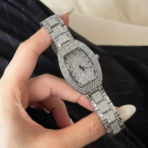 Luxury Diamond Tonneau Automatic Mechanical Watch Unisex White Rubber Strap Waterproof Dress Wristwatch Fashionable Pointer