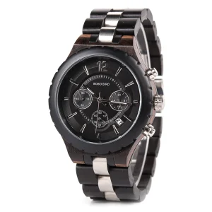 Luxury Eco-Friendly Men’s Stainless Steel Wooden Band Seiko Quartz Analog Sport Chronograph Watch 44.5mm Dial OEM