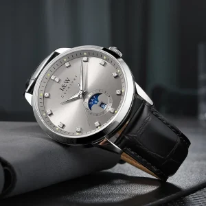 Luxury Elegant Automatic Men’s Watch 41mm Stainless Steel Silver Diamond Markers Moon Phase Strap